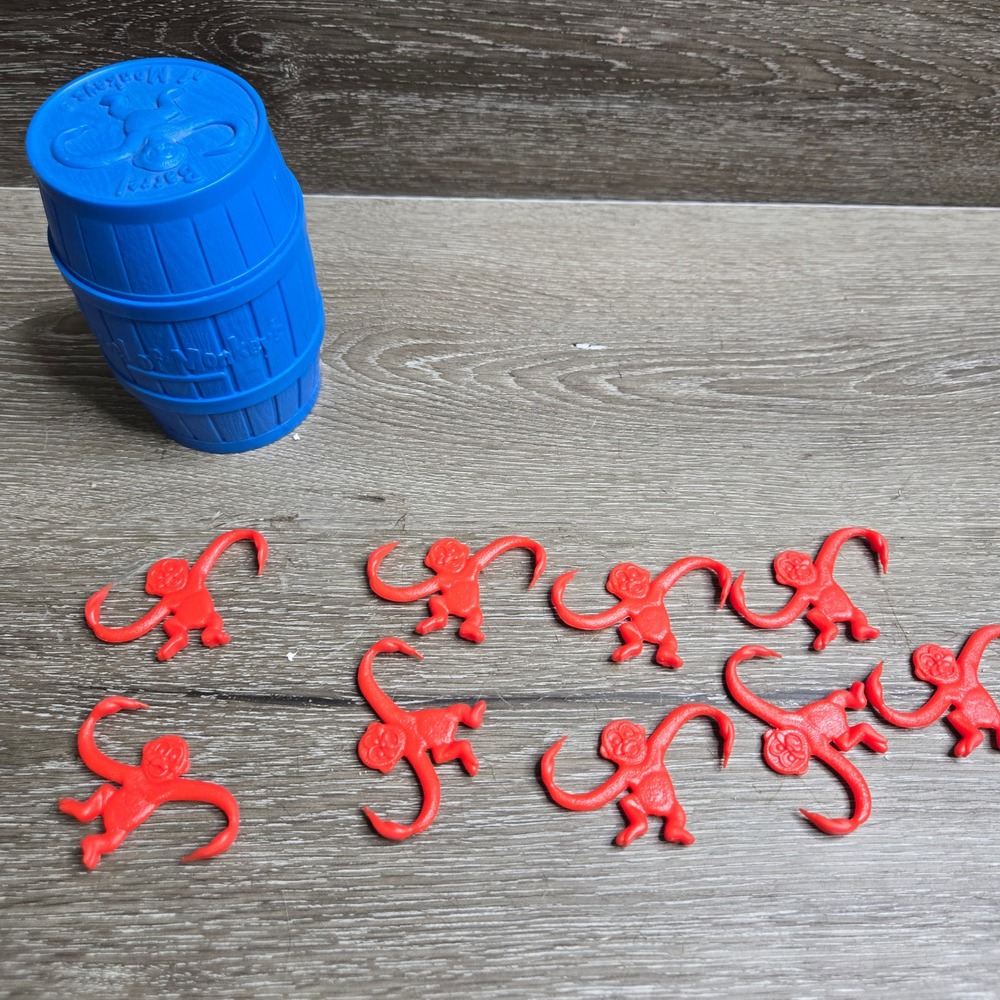 Vintage 1989 Barrel of Monkeys Game Blue Barrel Red 9 Monkeys Milton Bradley